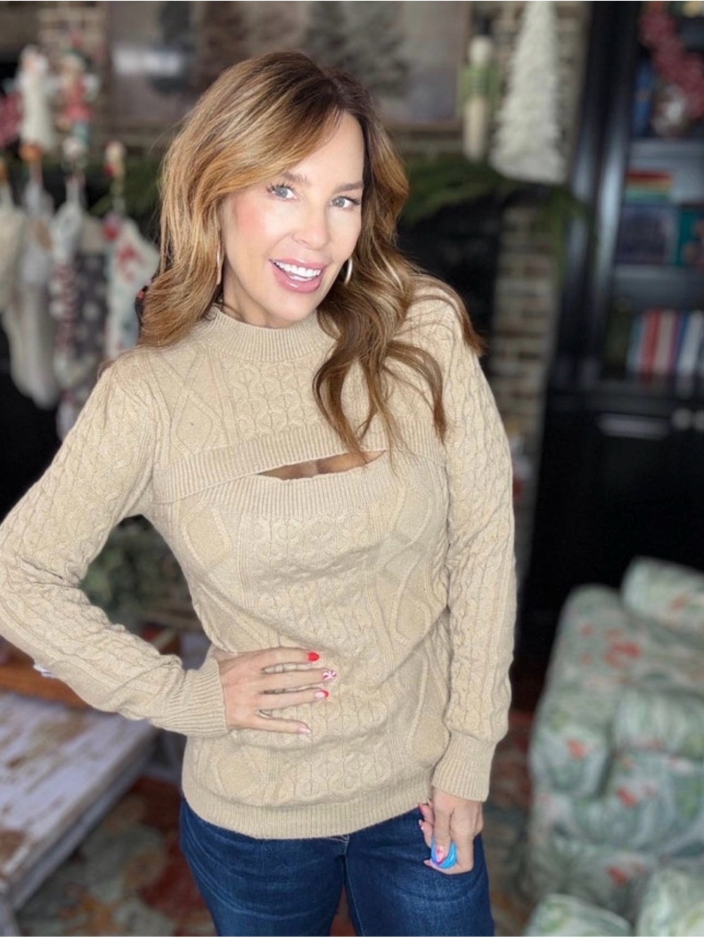 BiBi Beige Cable-Knit Cutout Turtleneck Sweater